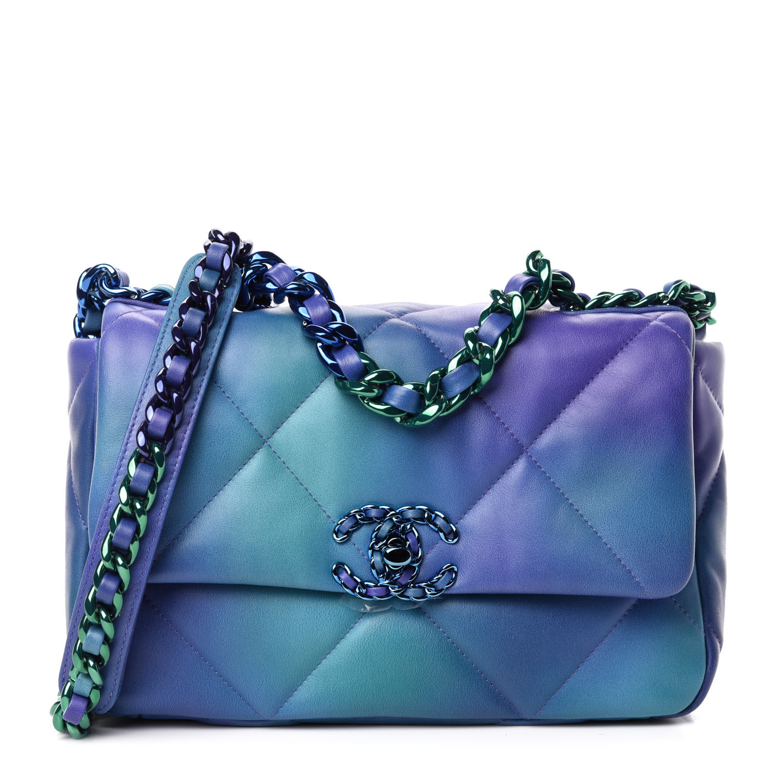 CHANEL Tie Dye Calfskin Quilted Medium Chanel 19 Flap Blue Purple