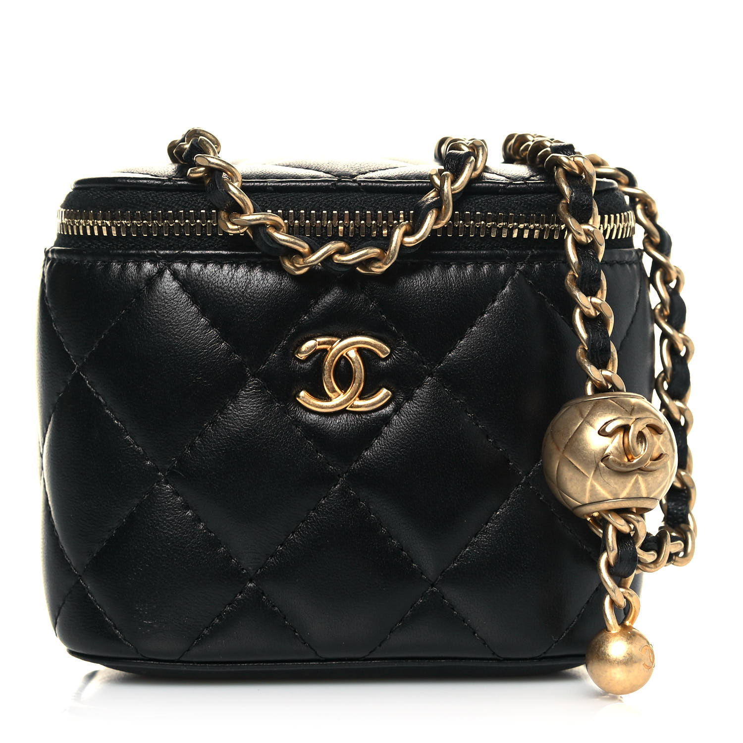 Chanel Lambskin Quilted Mini Pearl Crush Vanity Case With Chain Black