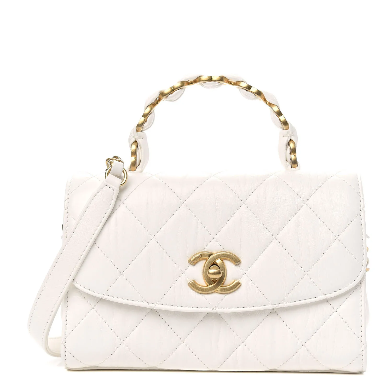 CHANEL Crumpled Lambskin Quilted Mini CC Links Top Handle Flap White