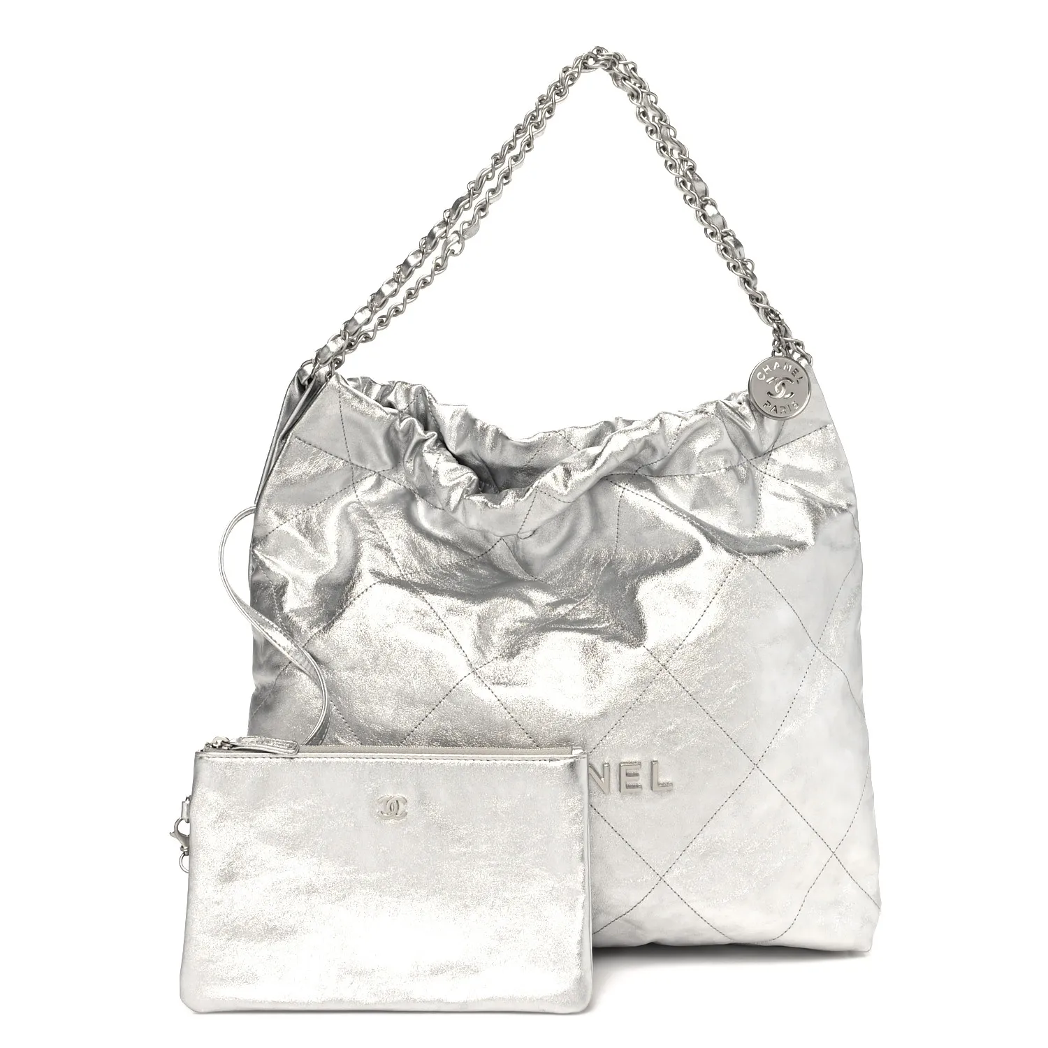 CHANEL Metallic Calfskin Quilted Chanel 22 Silver