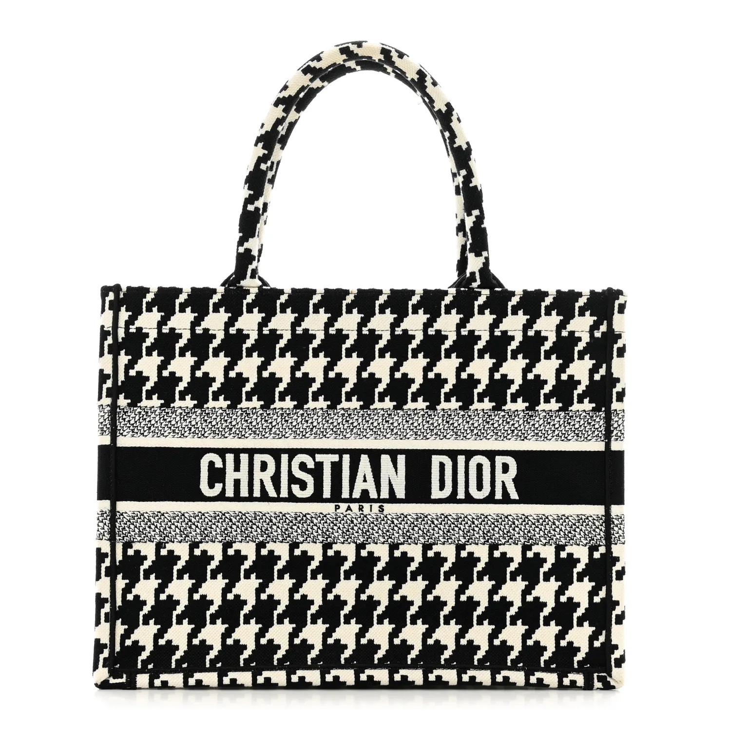 DIOR Canvas Macro Houndstooth Embroidered Medium Book Tote Black White