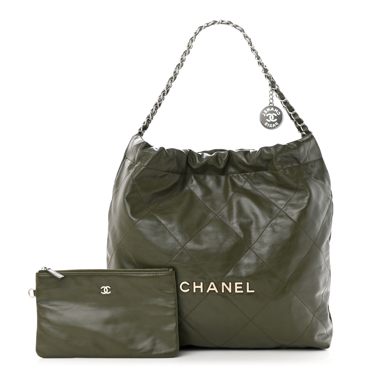 CHANEL Shiny Calfskin Quilted Chanel 22 Khaki