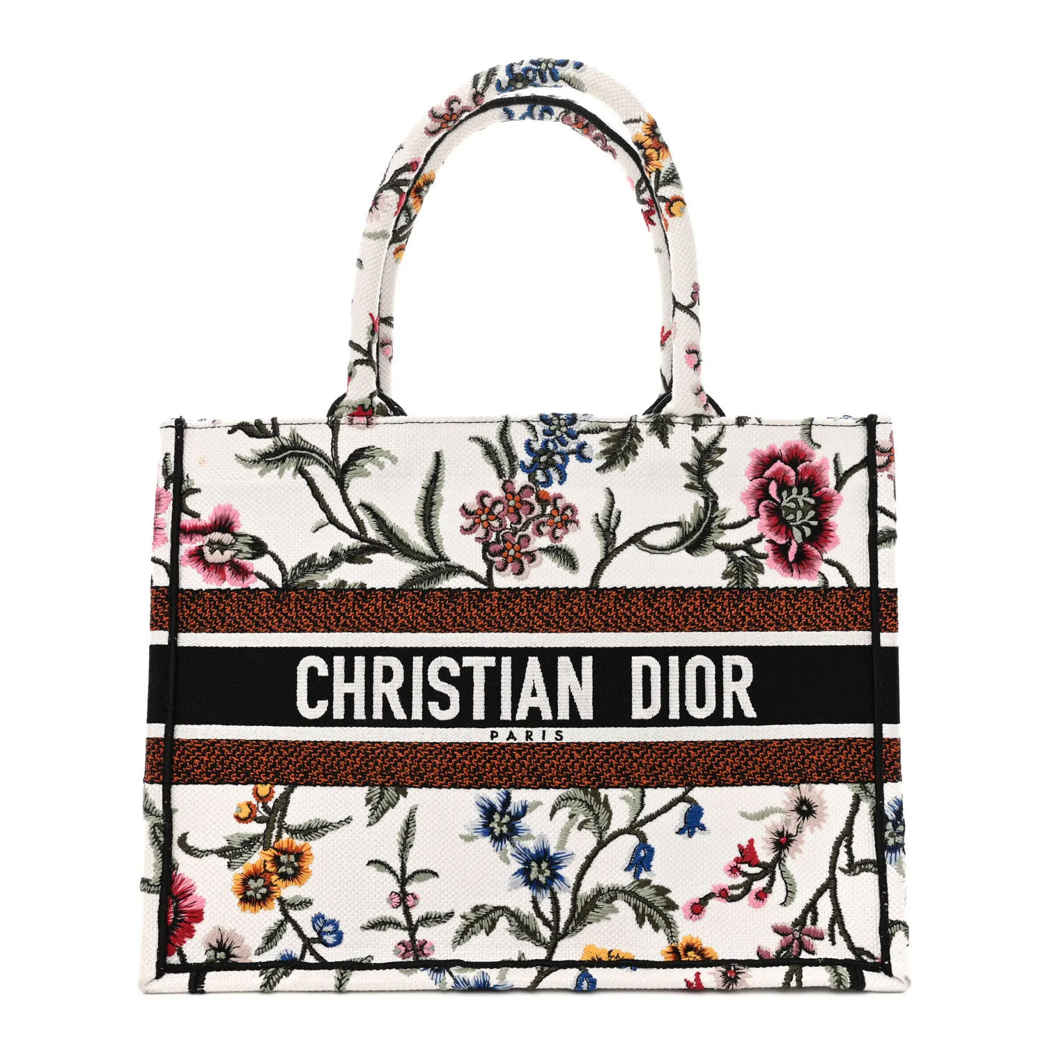 DIOR Raffia Embroidered Petites Fleurs Medium Book Tote White Multicolor