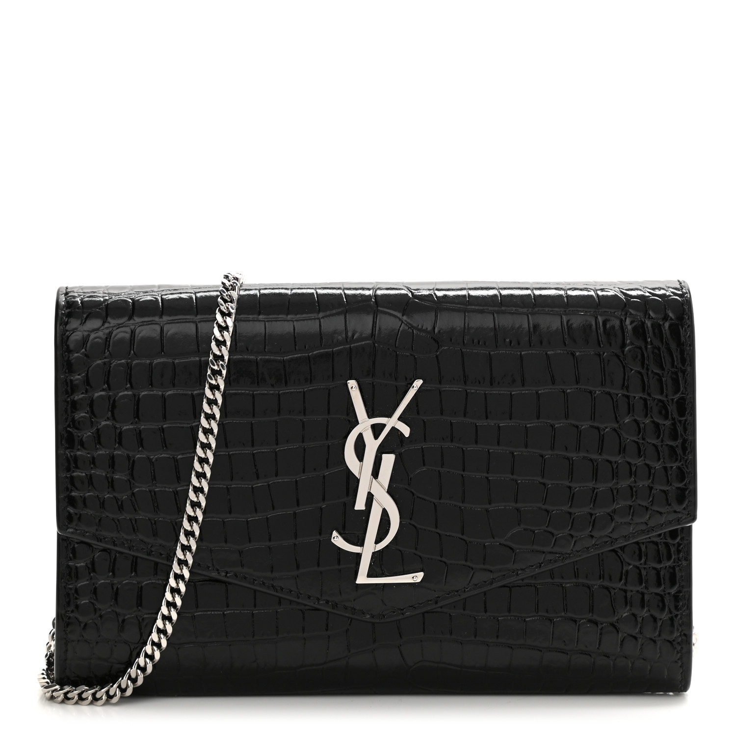 Saint Laurent Calfskin Crocodile Embossed Monogram Uptown Chain Wallet Black