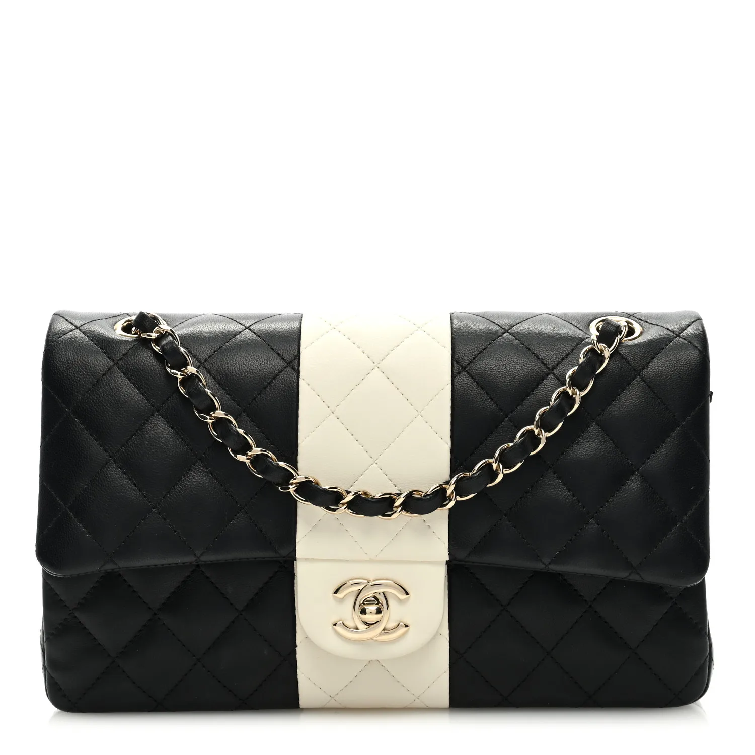 CHANEL Lambskin Quilted Medium Double Flap Black White