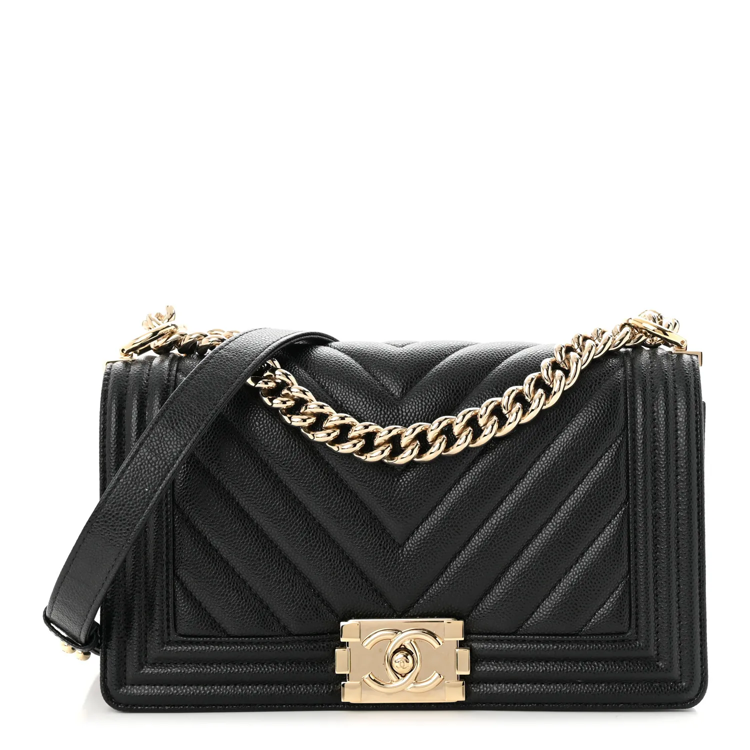 CHANEL Caviar Chevron Quilted Medium Boy Flap Black