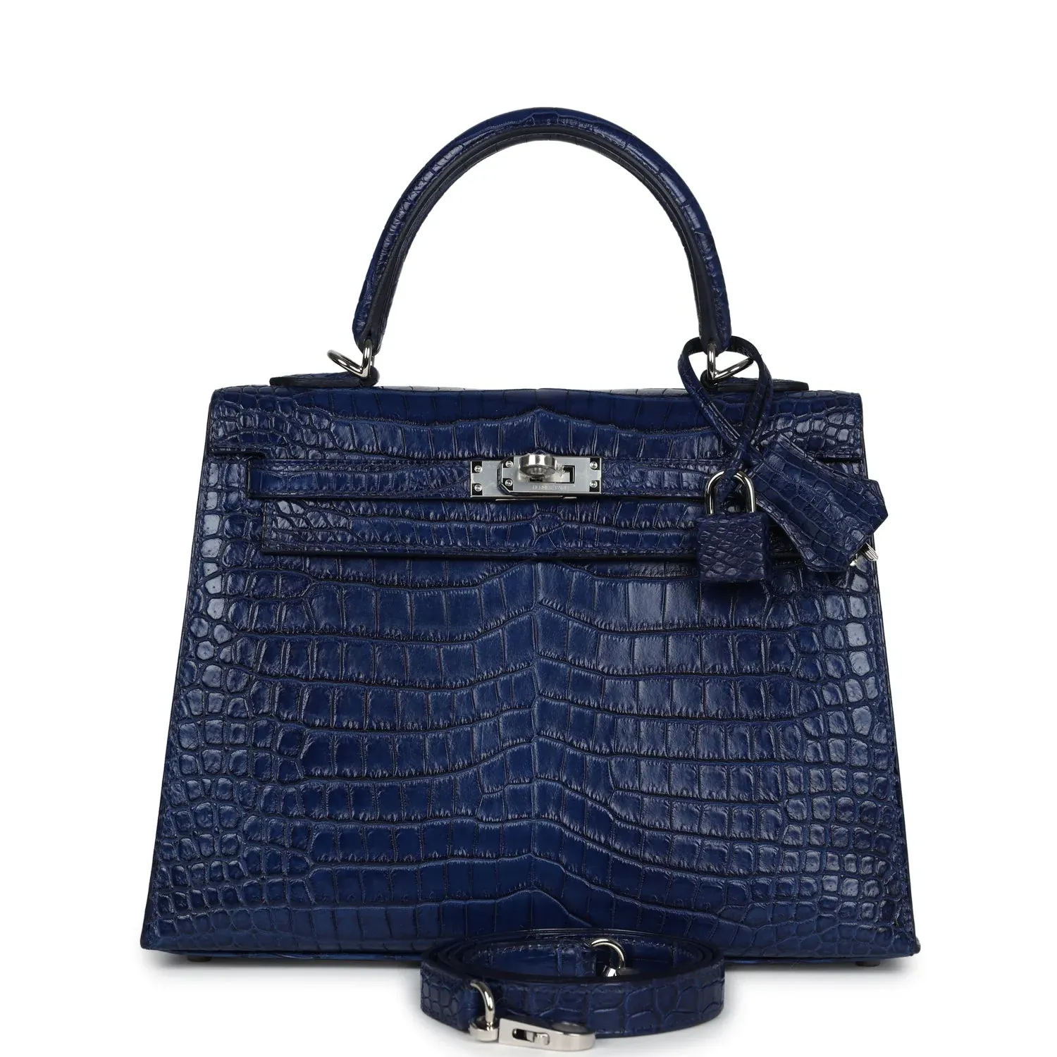 Hermès Kelly Sellier 25 Bleu Indigo Aizome Matte Porosus Crocodile Palladium Hardware