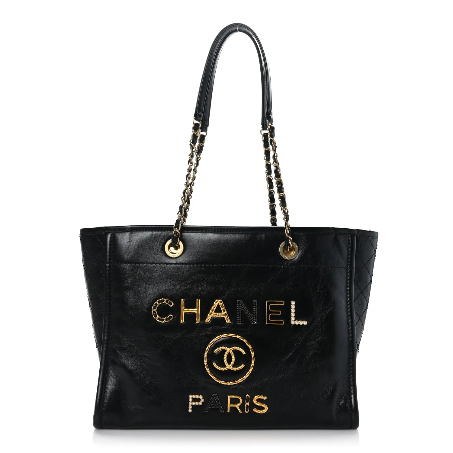 CHANEL Aged Calfskin Small Charms Deauville Tote Black