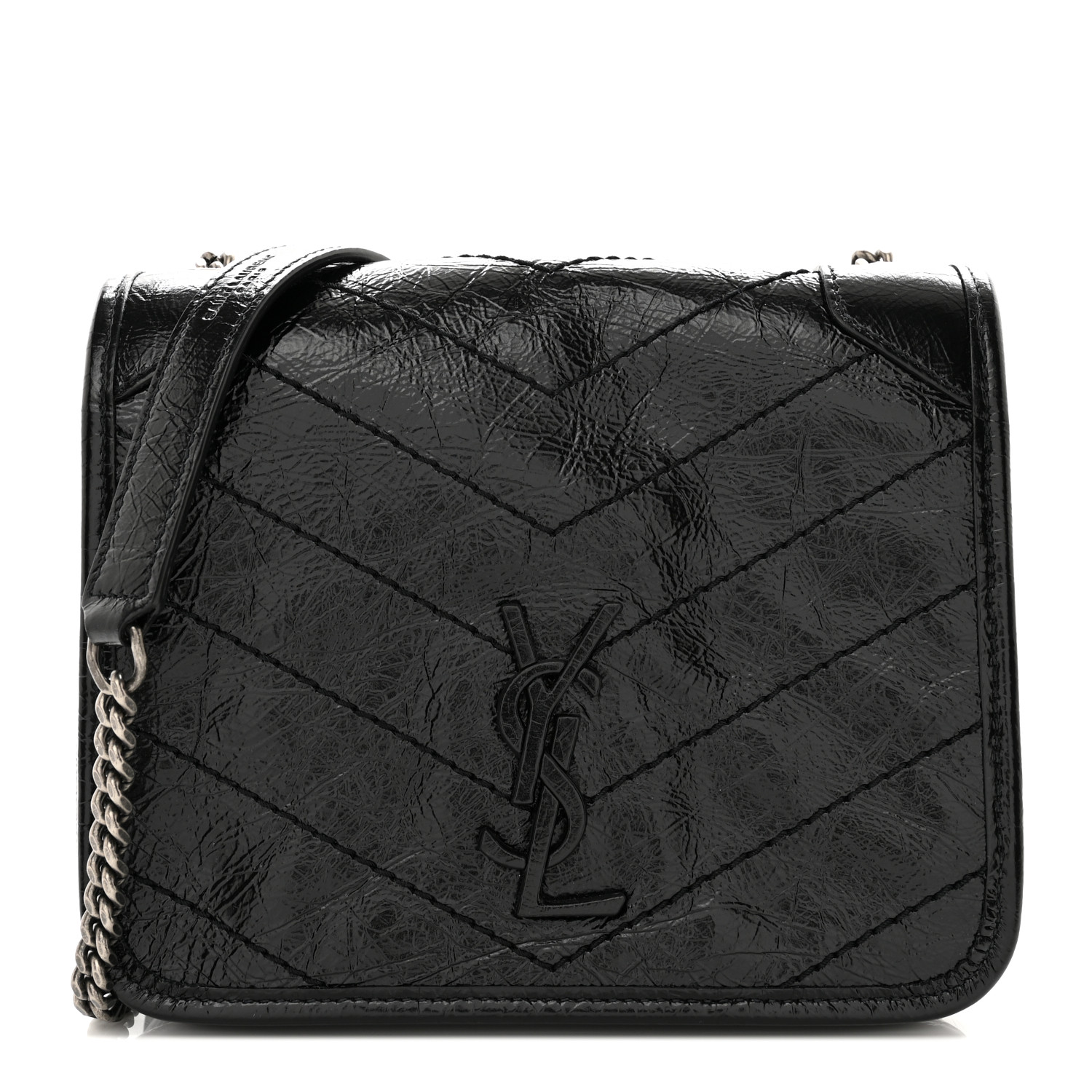 Saint Laurent Crinkled Calfskin Matelasse Monogram Niki Chain Wallet Black