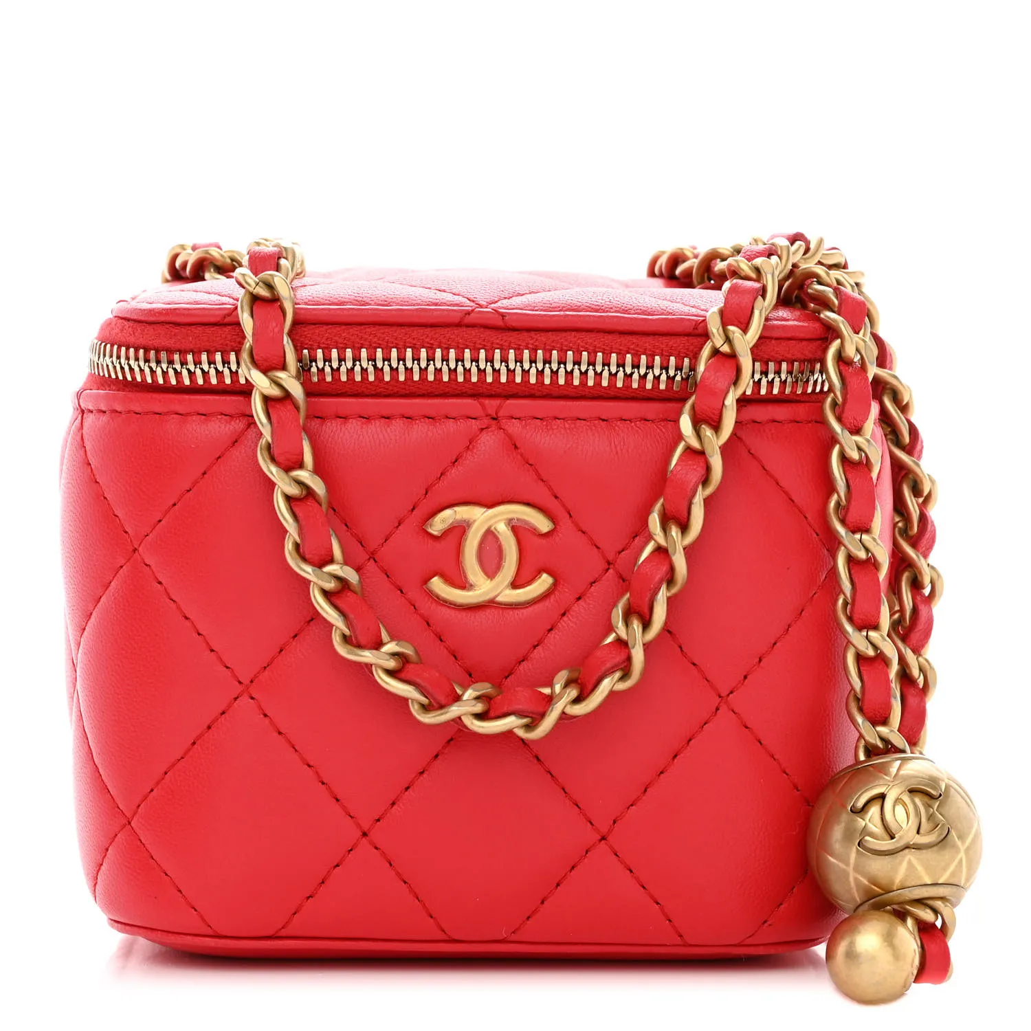 CHANEL Lambskin Quilted Pearl Crush Mini Vanity Case With Chain Red