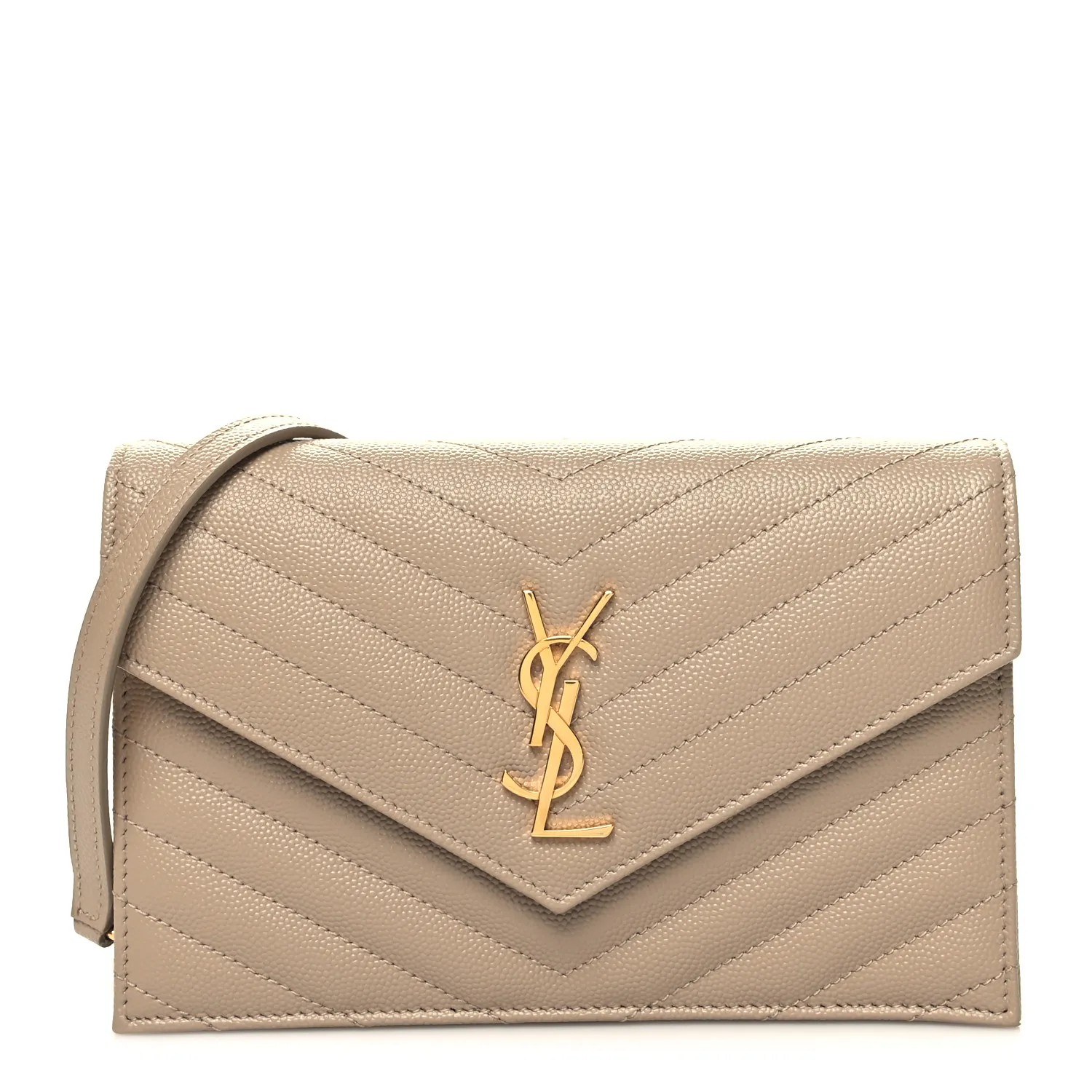 Saint Laurent Grain De Poudre Matelasse Chevron Monogram Envelope Chain Wallet Dark Beige