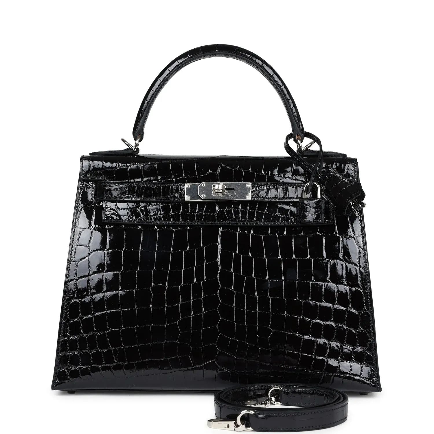 Hermès Kelly Sellier 28 Black Shiny Niloticus Crocodile Palladium Hardware