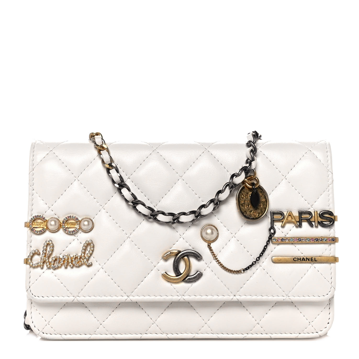 CHANEL Lambskin Quilted Coco Clips Wallet On Chain WOC White