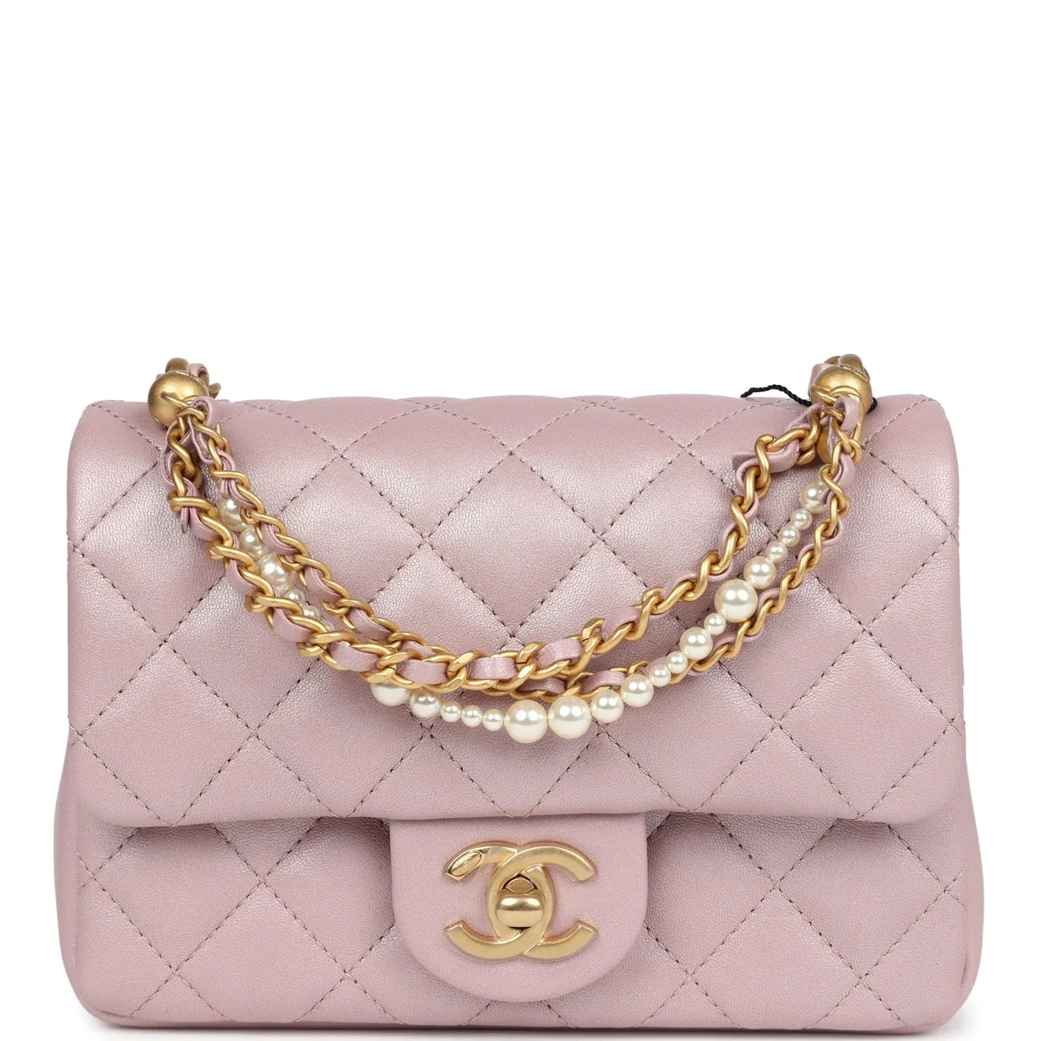 Chanel Mini Square Pearl Flap Bag Light Pink Iridescent Lambskin Brushed Gold Hardware