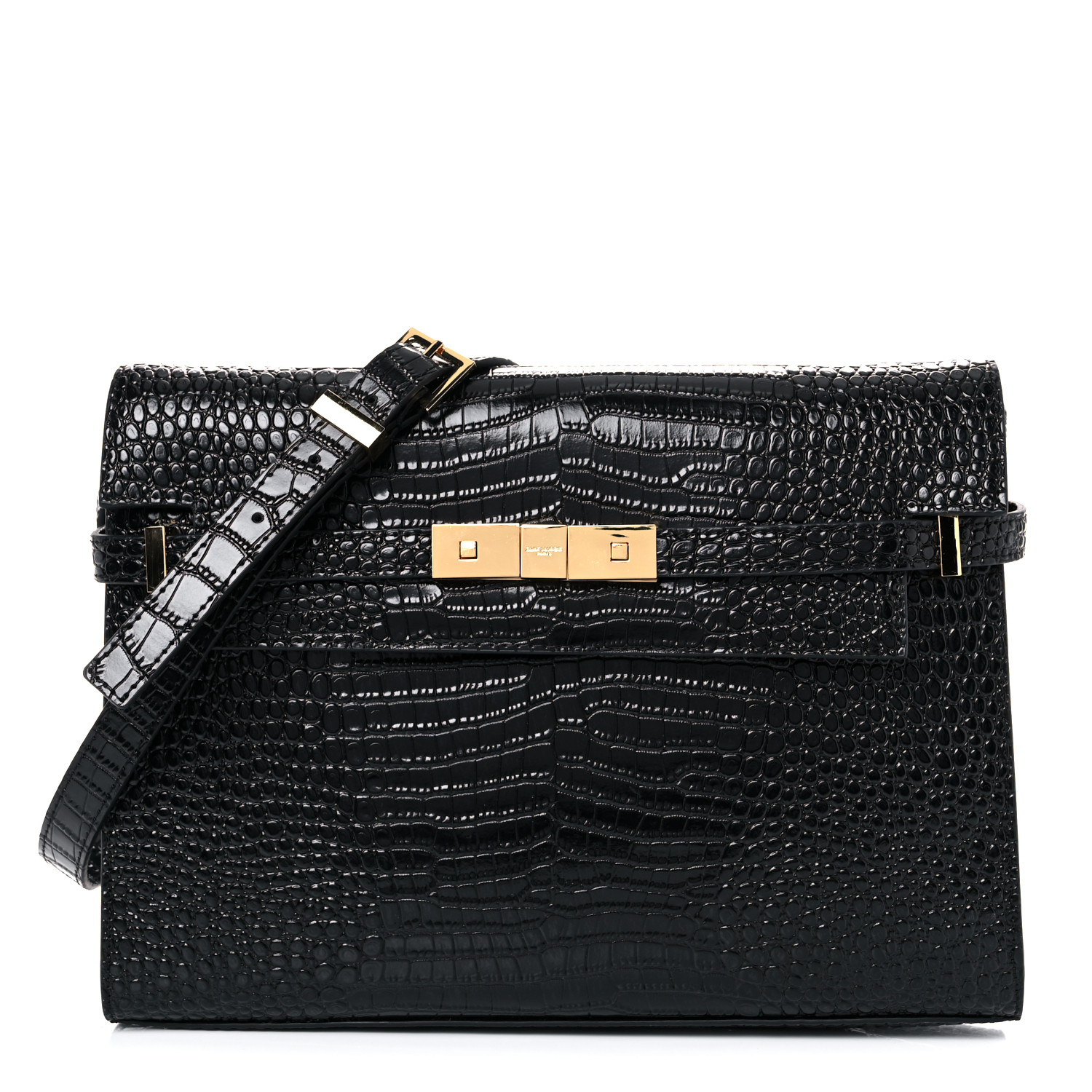 Saint Laurent Shiny Calfskin Crocodile Embossed Manhattan Baguette Black