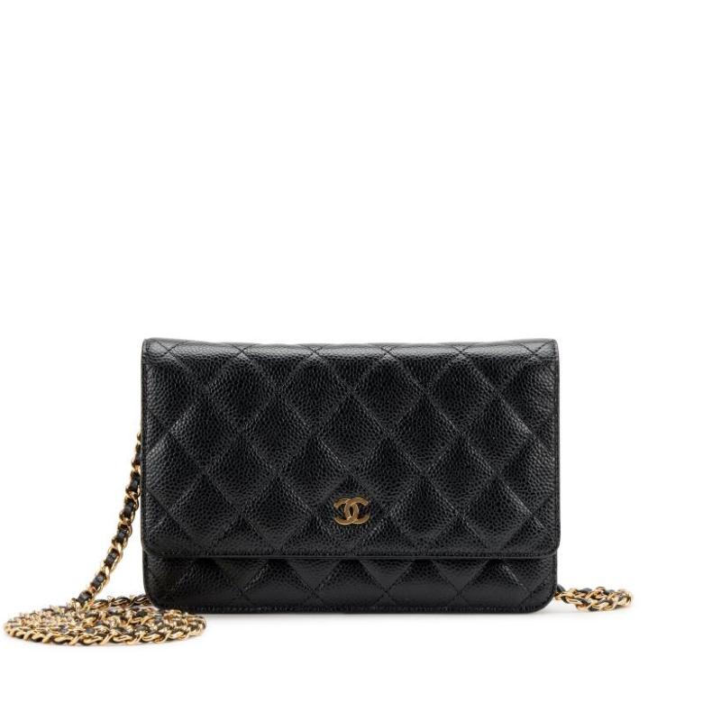 Black Quilted Caviar Wallet On Chain Gold Hardware