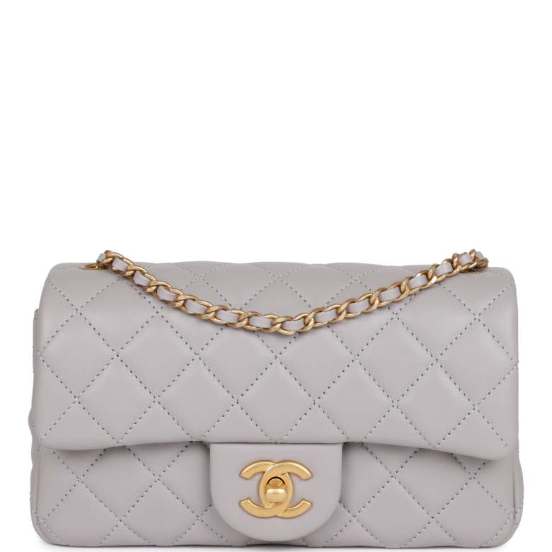 Chanel Pearl Crush Mini Rectangular Flap Bag Light Grey Lambskin Antique Gold Hardware