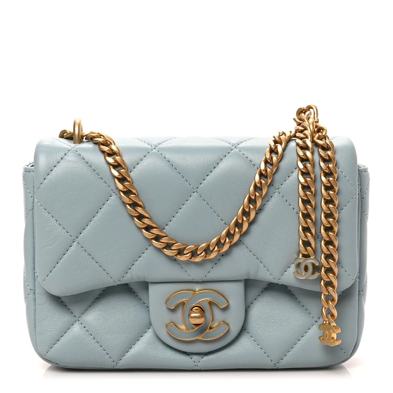 CHANEL Lambskin Enamel Quilted Mini Pending CC Square Flap Light Blue