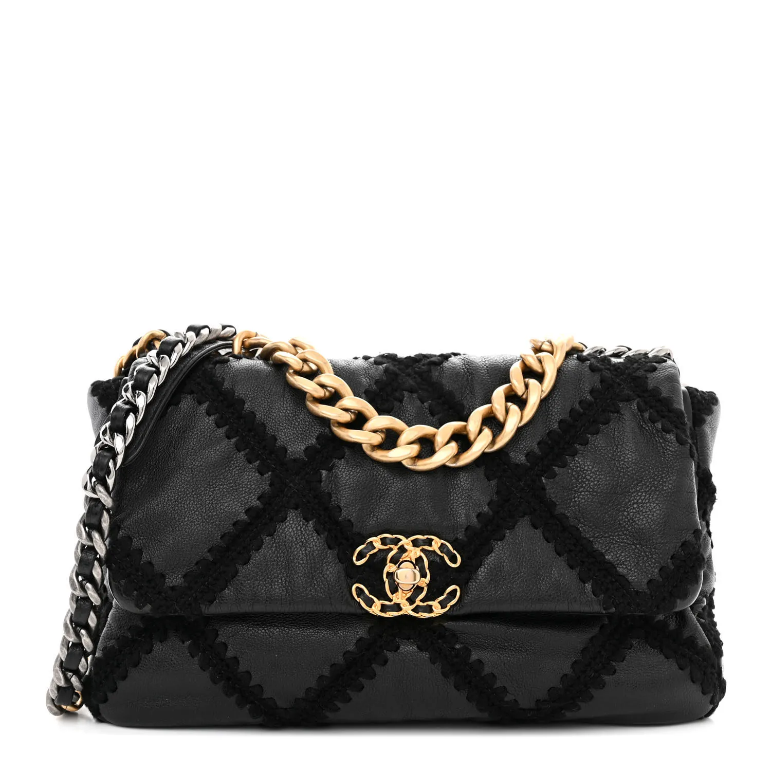 CHANEL Calfskin Crochet Large Chanel 19 Flap Black