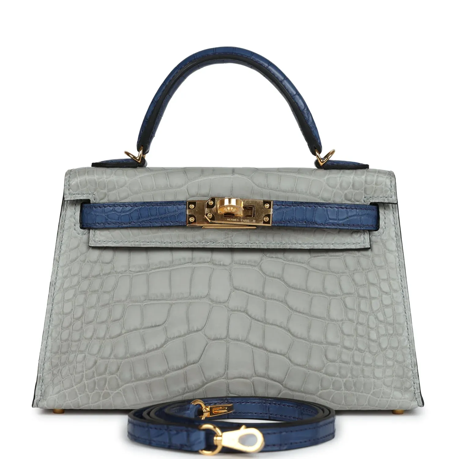 Hermès Special Order (HSS) Kelly Sellier 20 Gris Perle and Bleu de Malte Matte Alligator Gold Hardware