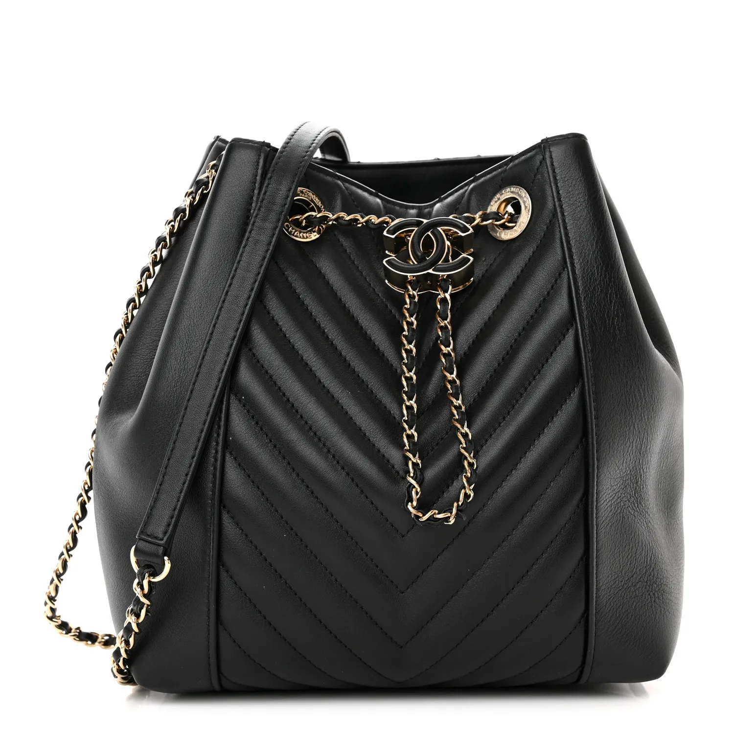 CHANEL Calfskin Quilted Daily Chevron Drawstring Bag Black