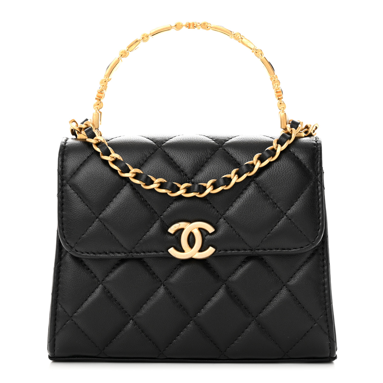 Chanel Lambskin Enamel Quilted Top Handle Flap With Chain Black