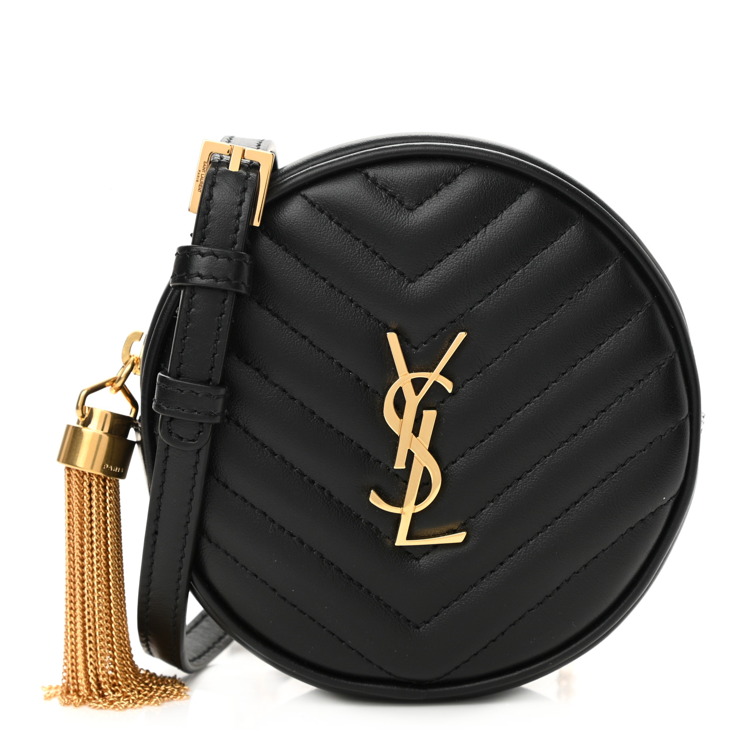 Saint Laurent Calfskin Matelasse Chevron Quilted Baby Round Vinyle Belt Bag Black