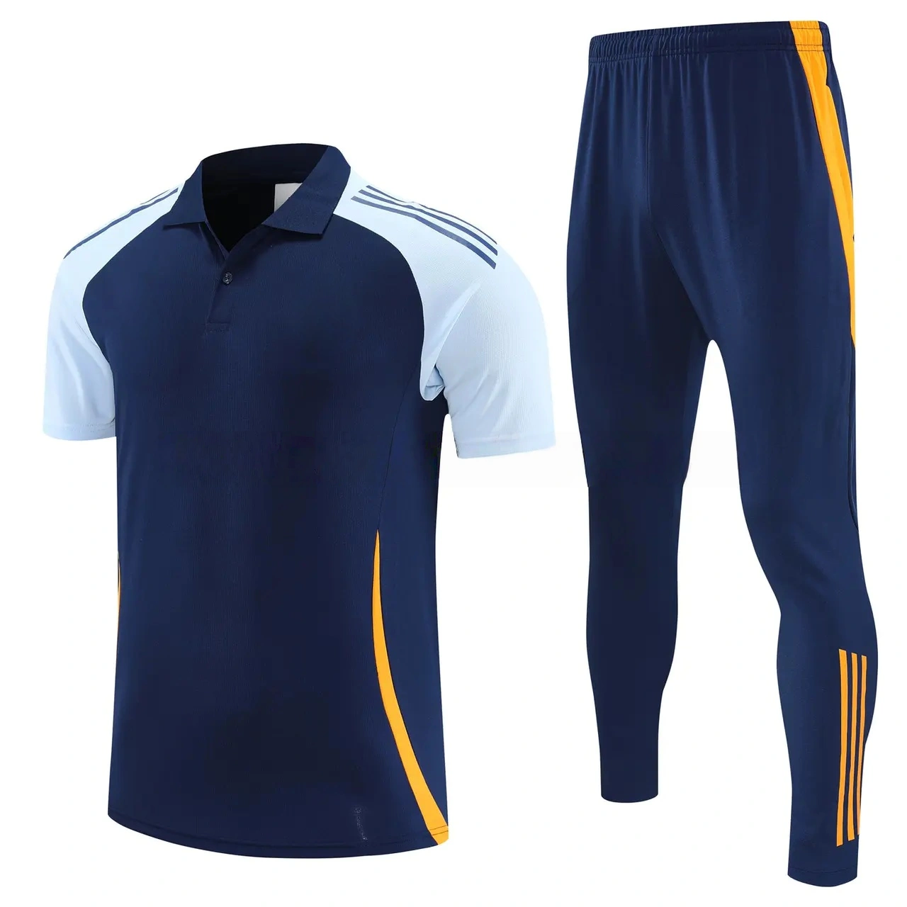 Real Madrid 25-26 POLO Short-Sleeve Training Set - Deep Blue Top and Pants with Yellow Stripes-CKK-1