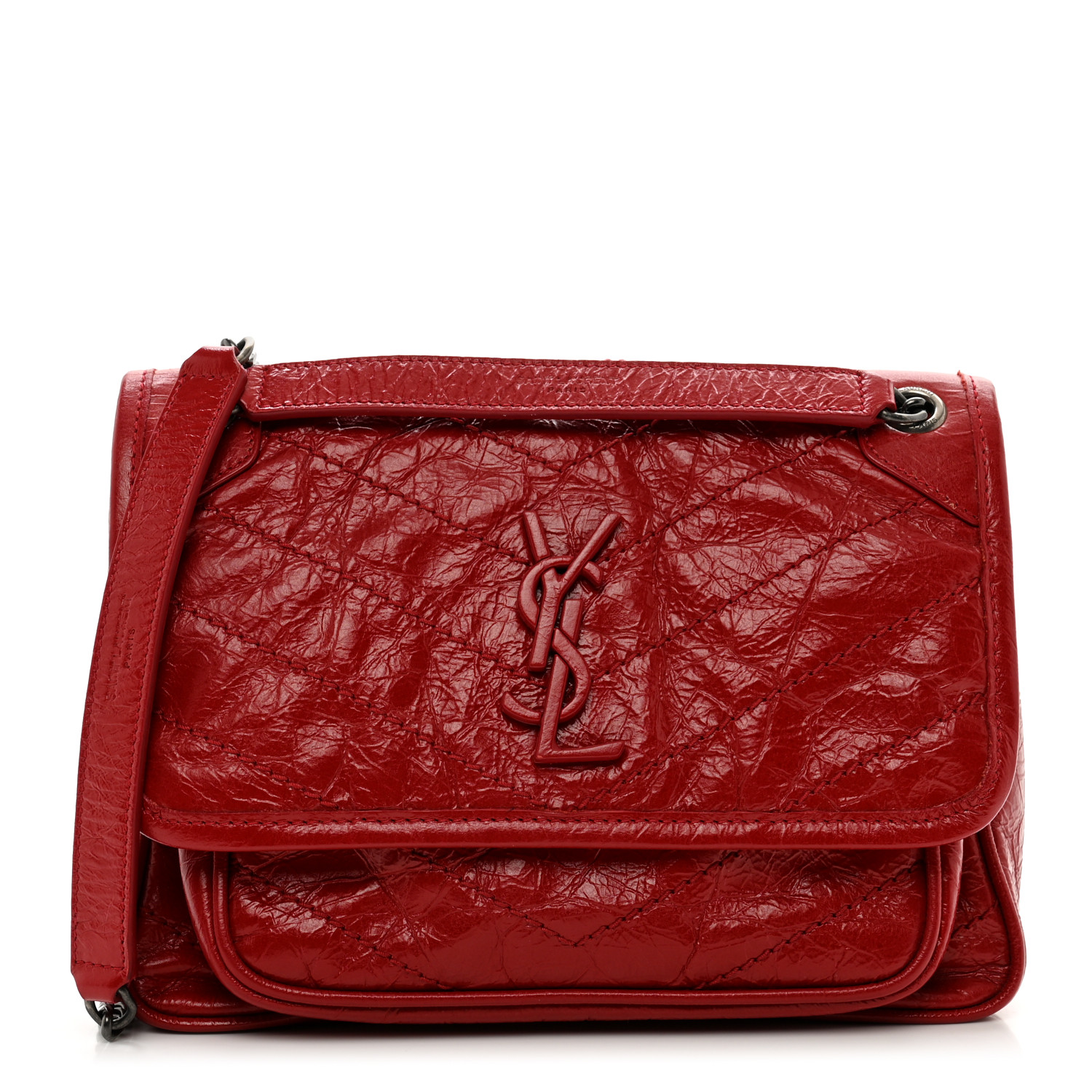 Saint Laurent Crinkled Calfskin Matelasse Monogram Baby Niki Chain Satchel Rouge Eros