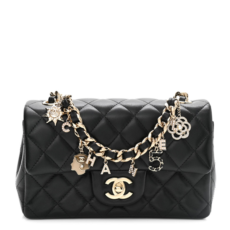 CHANEL Lambskin Quilted Mini Coco Charms Rectangular Flap Black