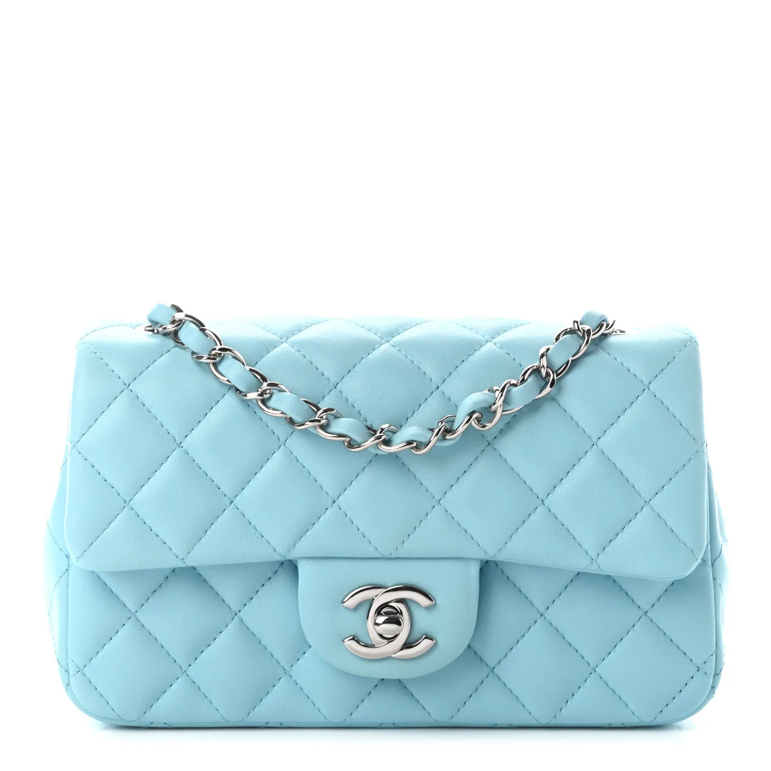 CHANEL Lambskin Quilted Mini Rectangular Flap Neon Blue