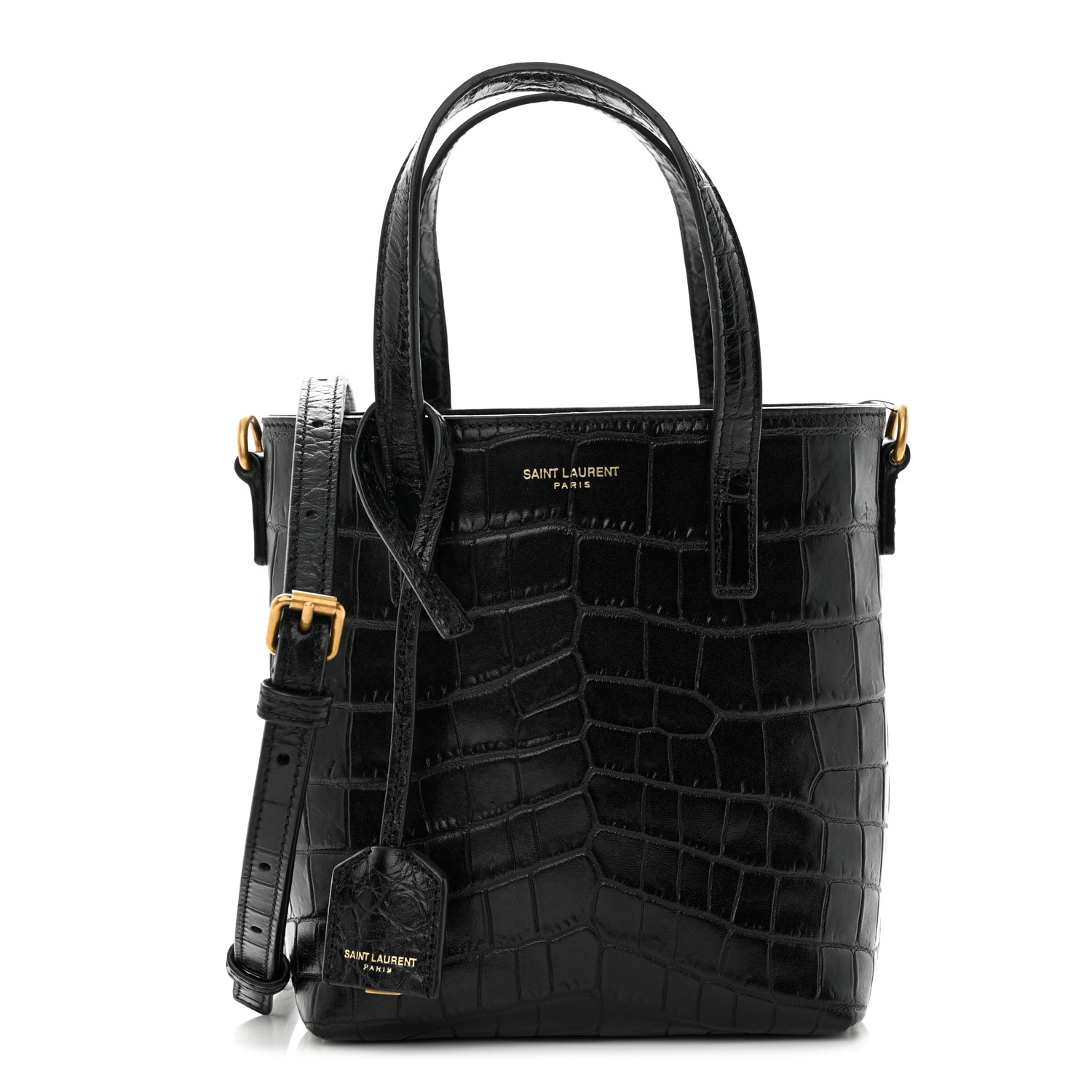 Saint Laurent Calfskin Crocodile Embossed Paris Mini Toy Shopper Tote Black