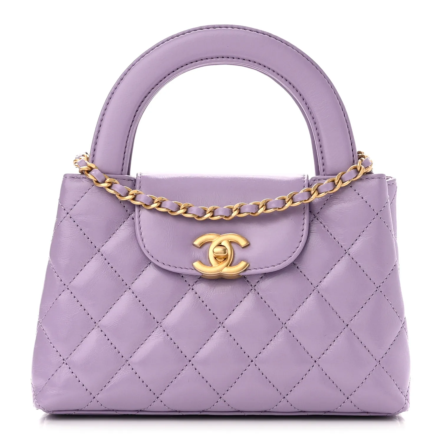 CHANEL Shiny Aged Calfskin Quilted Nano Kelly Shopper Lilac