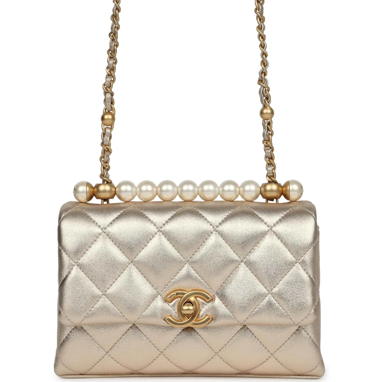 Chanel Mini Pearl Top Handle Flap Bag Metallic Gold Lambskin Brushed Gold Hardware