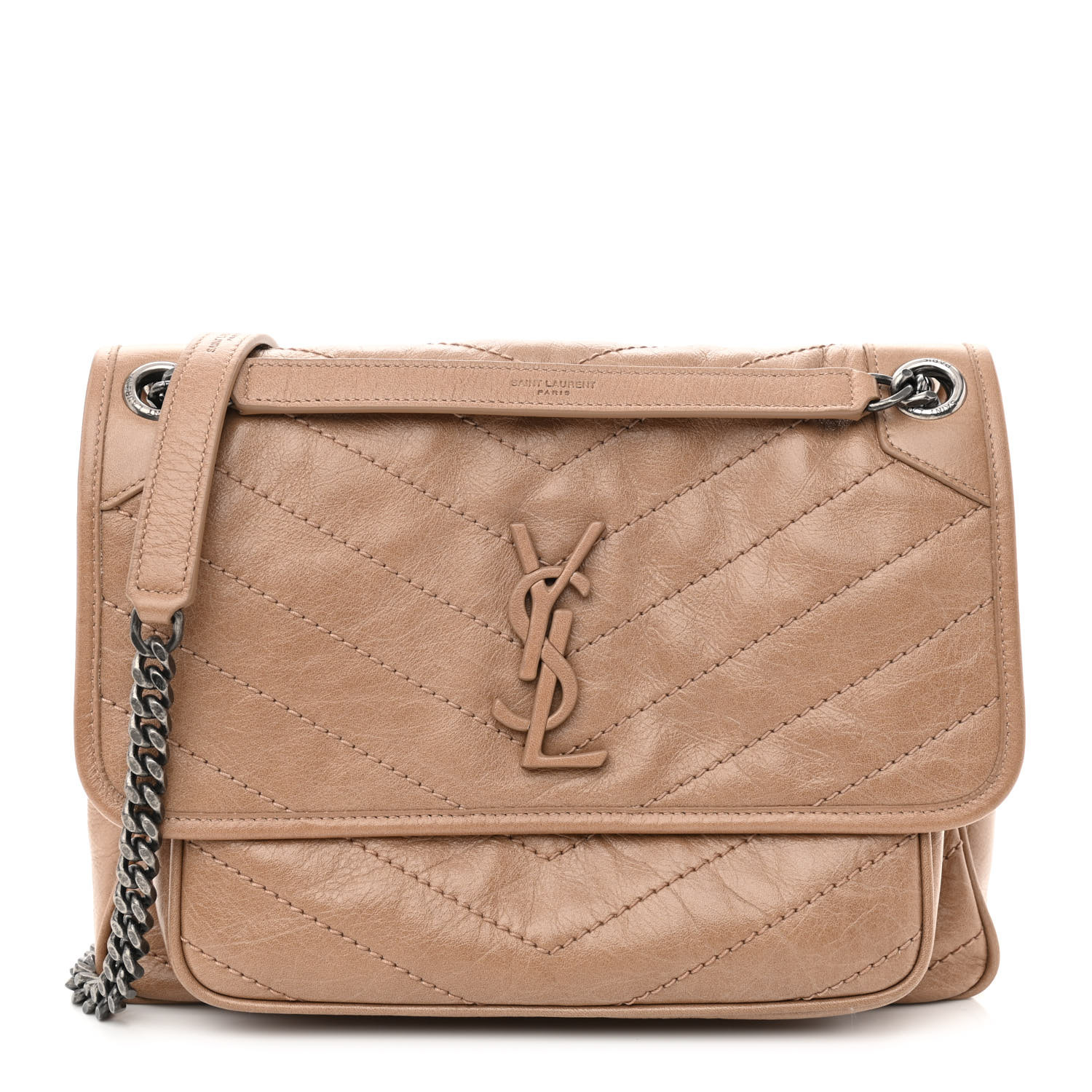 Saint Laurent Crinkled Calfskin Matelasse Monogram Medium Niki Chain Satchel Dark Toffee