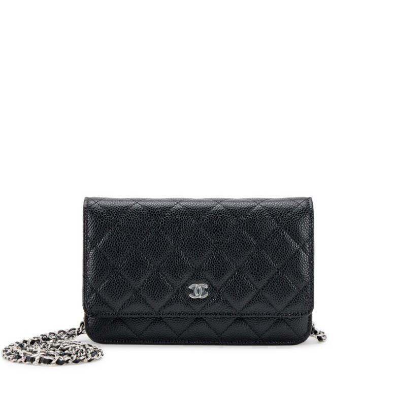 Black Quilted Caviar Wallet On Chain Silver Hardware