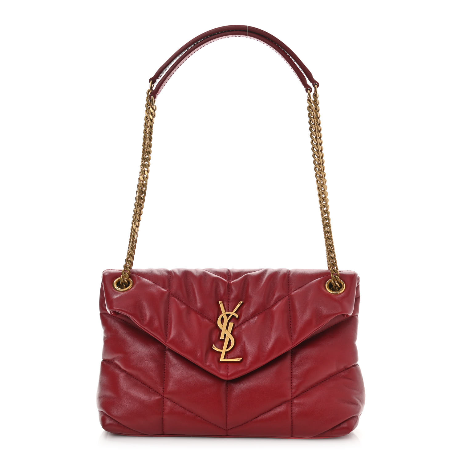 Saint Laurent Lambskin Quilted Small Loulou Puffer Monogram Chain Satchel Red