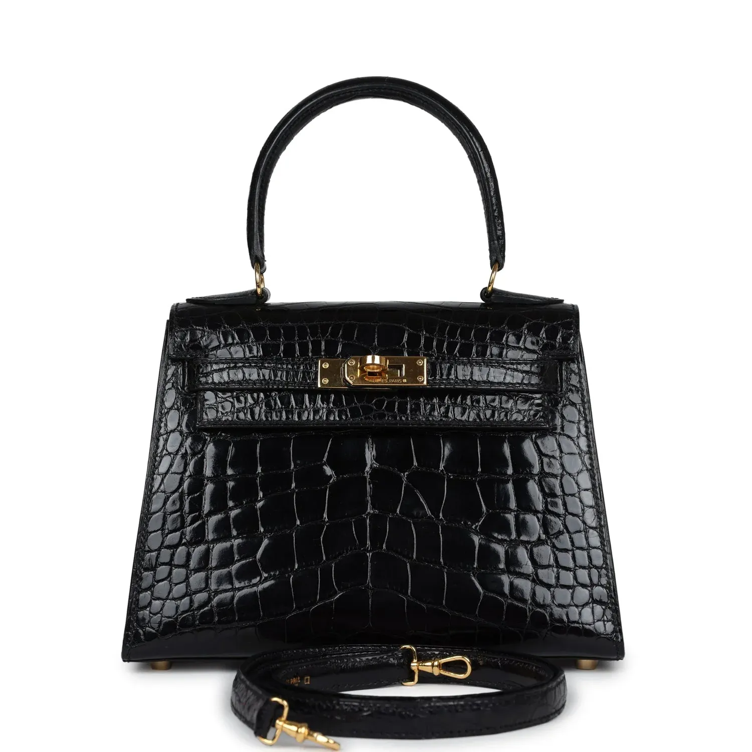 Hermès Kelly Sellier 20 Black Shiny Alligator Gold Hardware