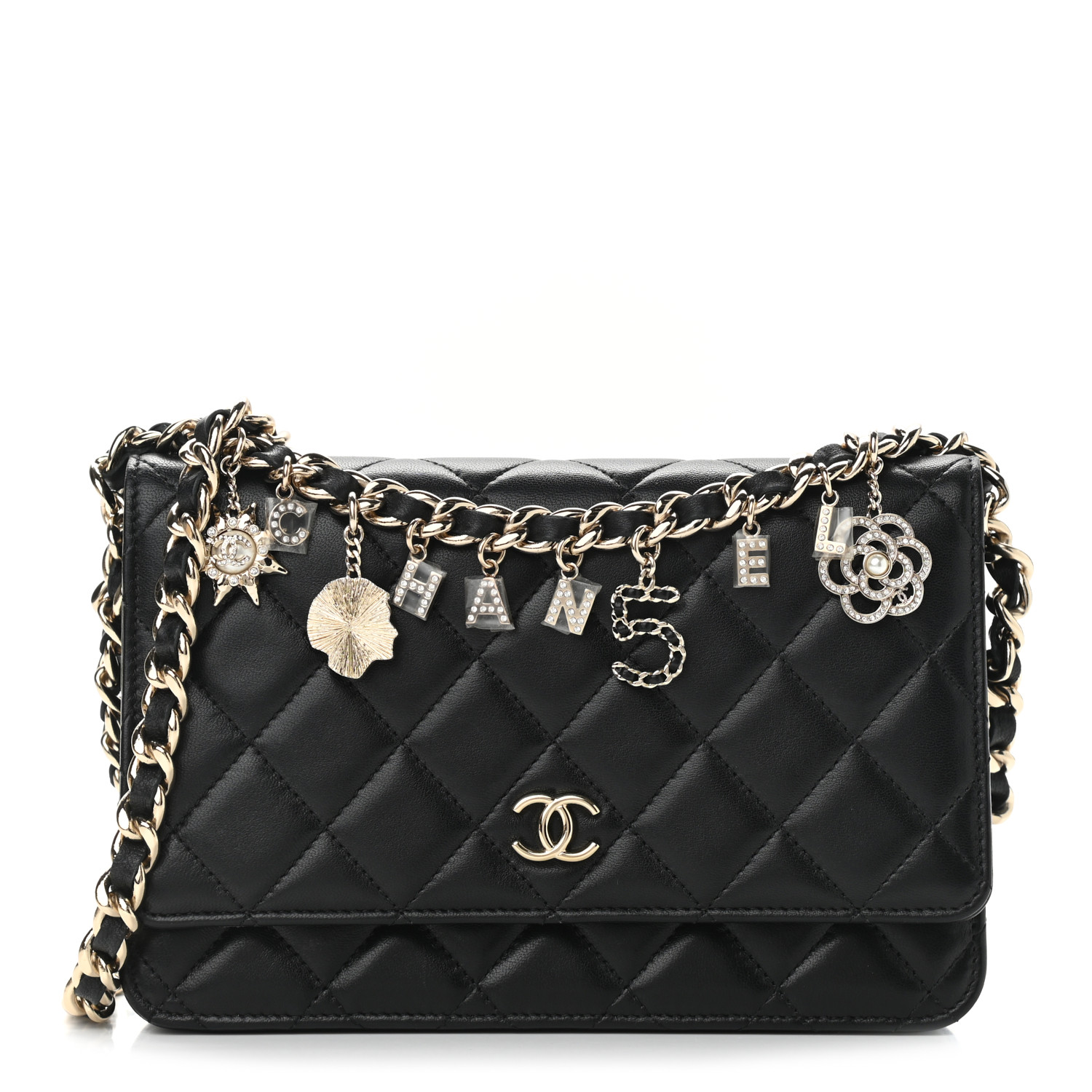 CHANEL Lambskin Quilted Coco Charms Wallet On Chain Black