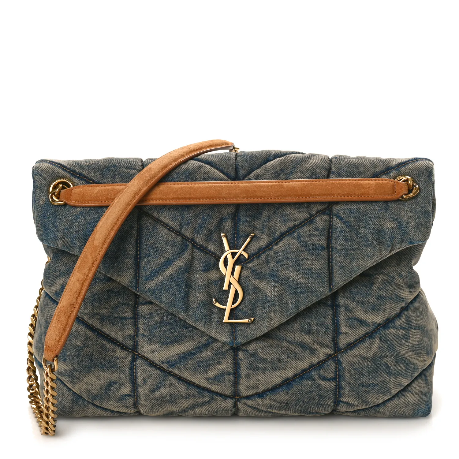 Saint Laurent Denim Quilted Medium Loulou Puffer Monogram Chain Satchel Blue Cinnamon