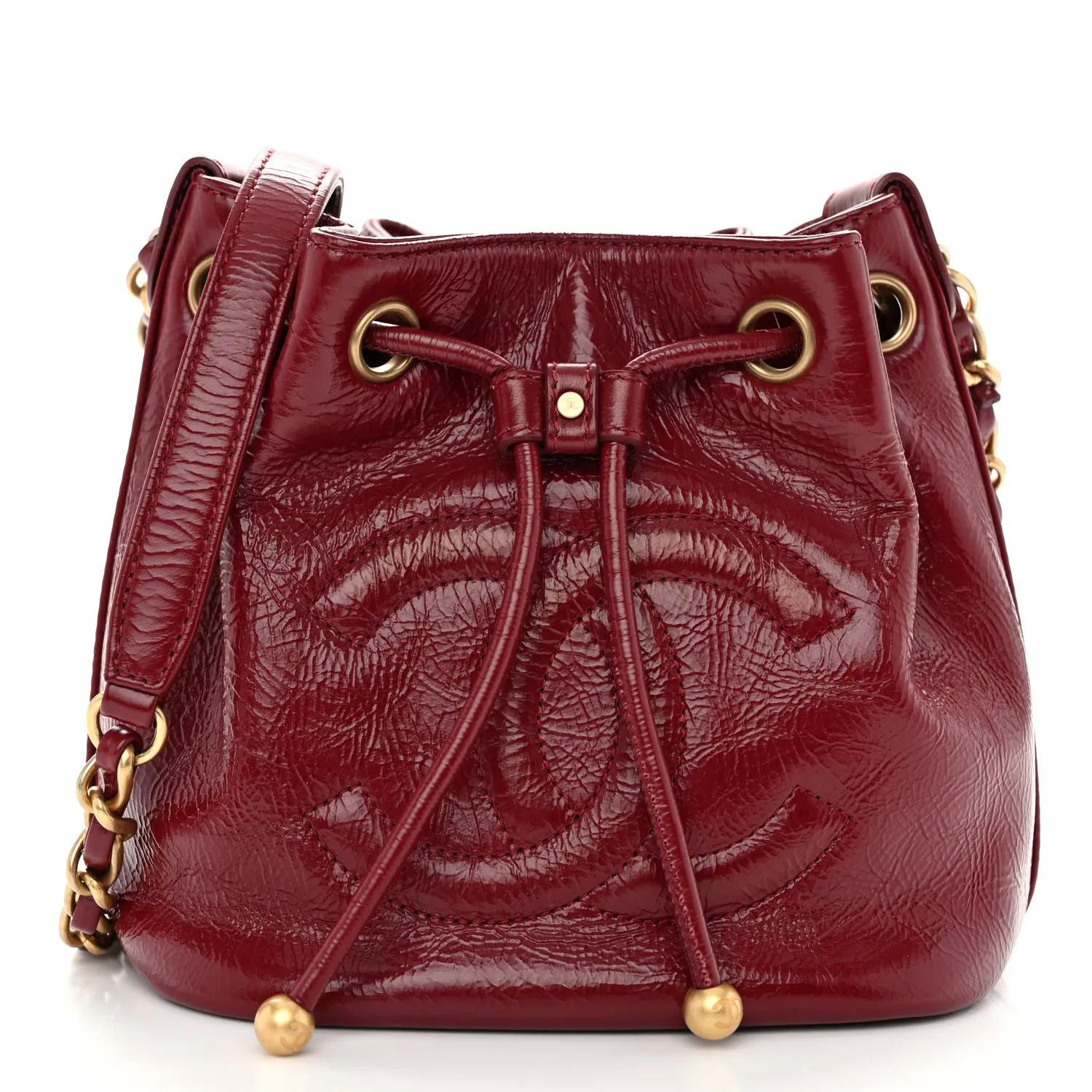 CHANEL Shiny Aged Calfskin CC Chain Mini Drawstring Bag Red