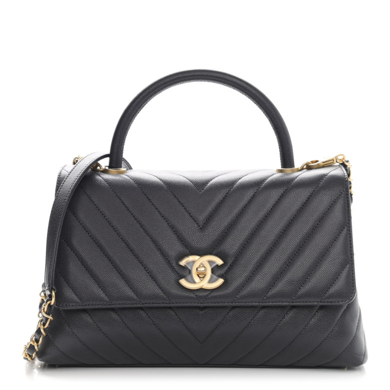 CHANEL Caviar Chevron Quilted Medium Coco Handle Flap Black