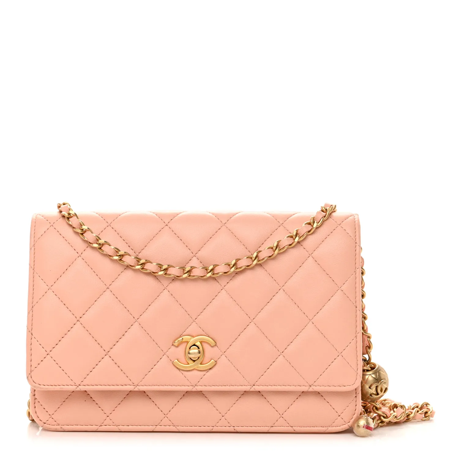 CHANEL Lambskin Quilted Pearl Crush Wallet on Chain WOC Light Orange