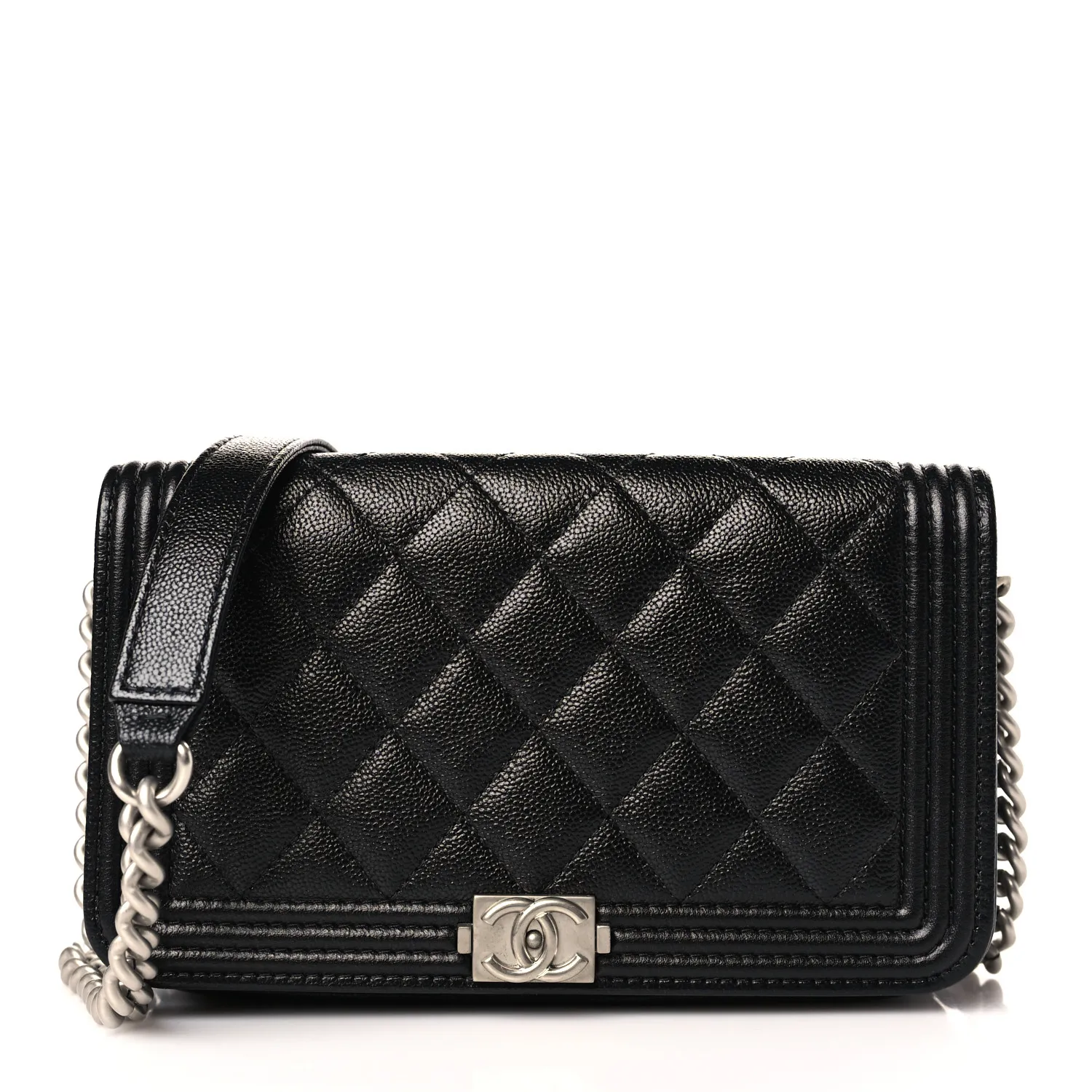 CHANEL Caviar Quilted Boy Phone Holder Wallet On Chain Black