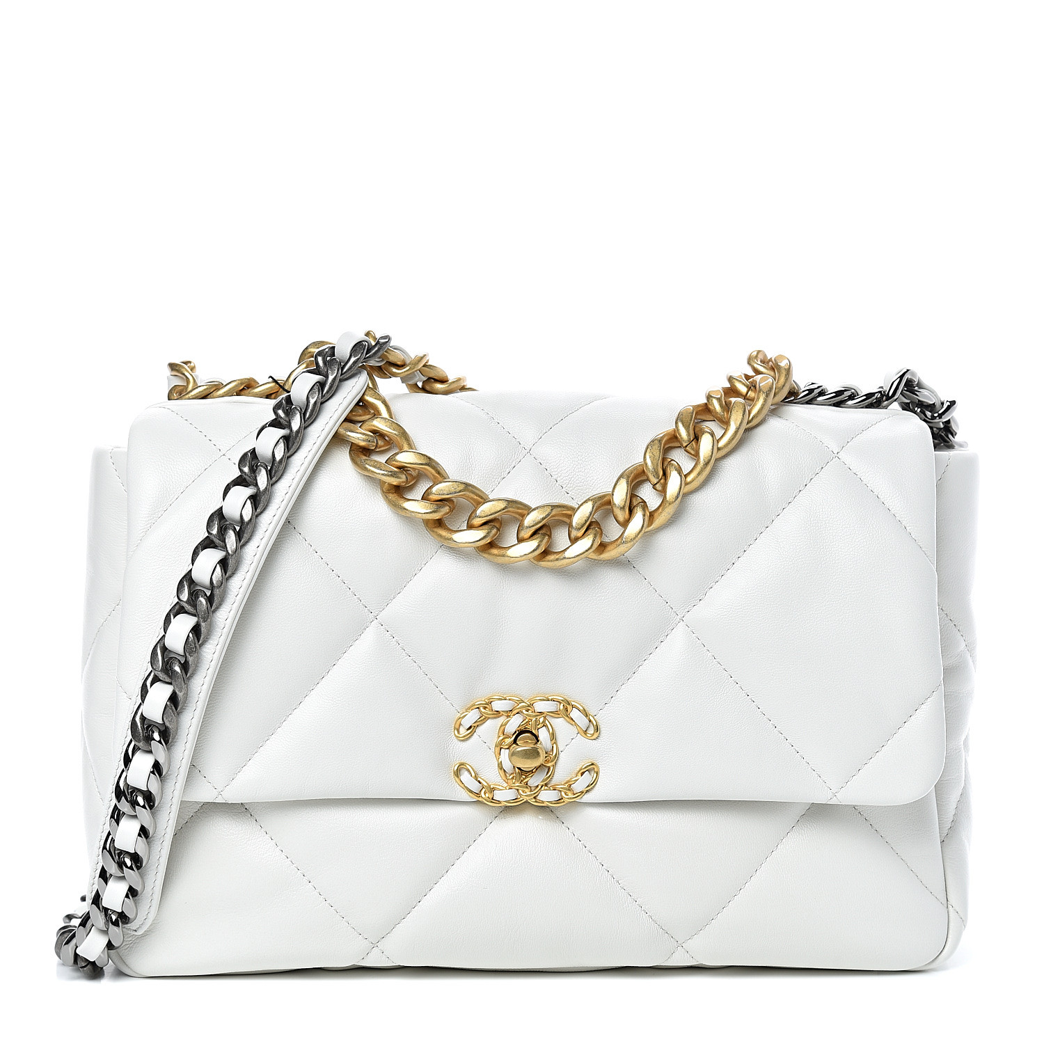 CHANEL Goatskin Quilted Large Chanel 19 Flap White