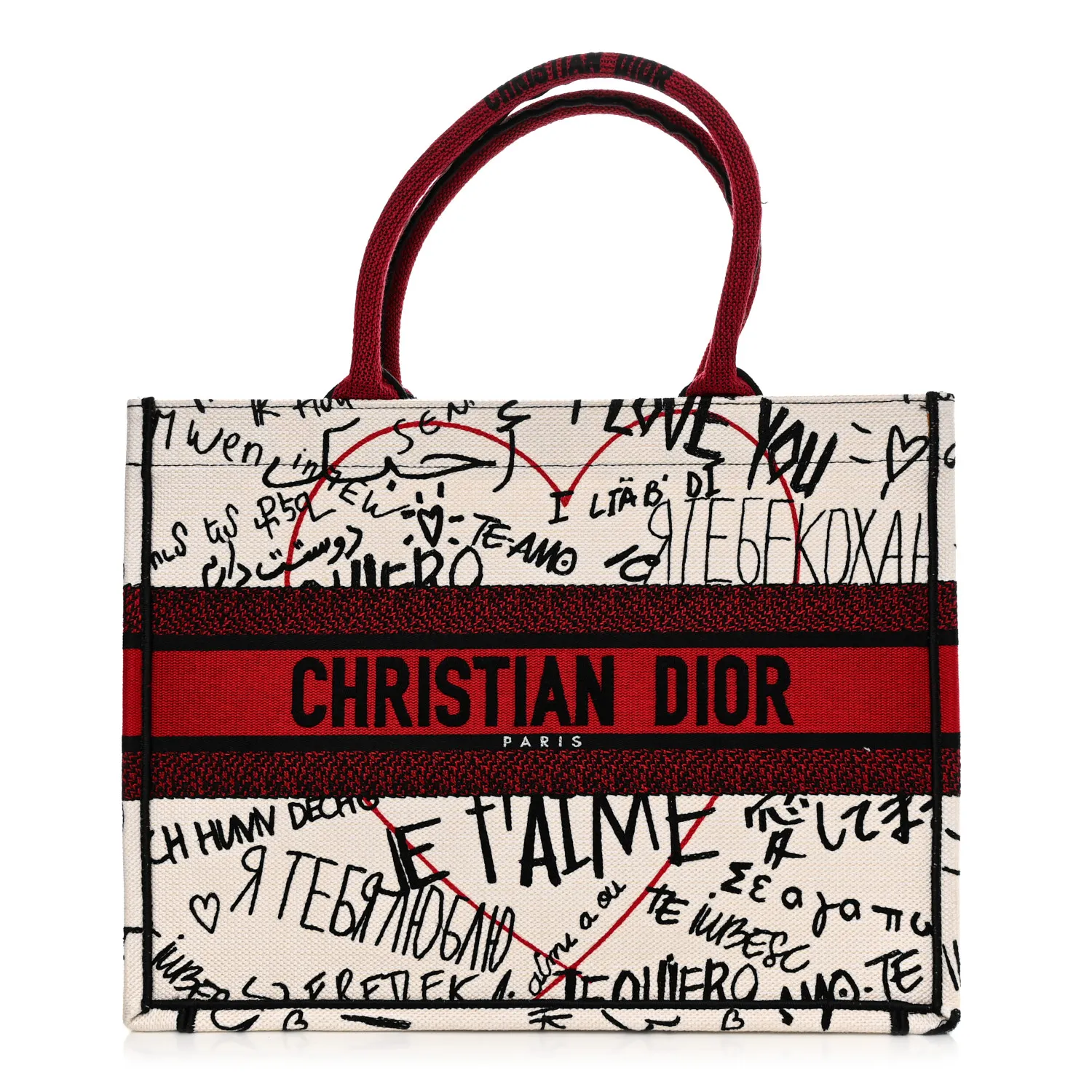 DIOR Canvas Embroidered Medium Dioramour Graffiti Book Tote Latte Multicolor