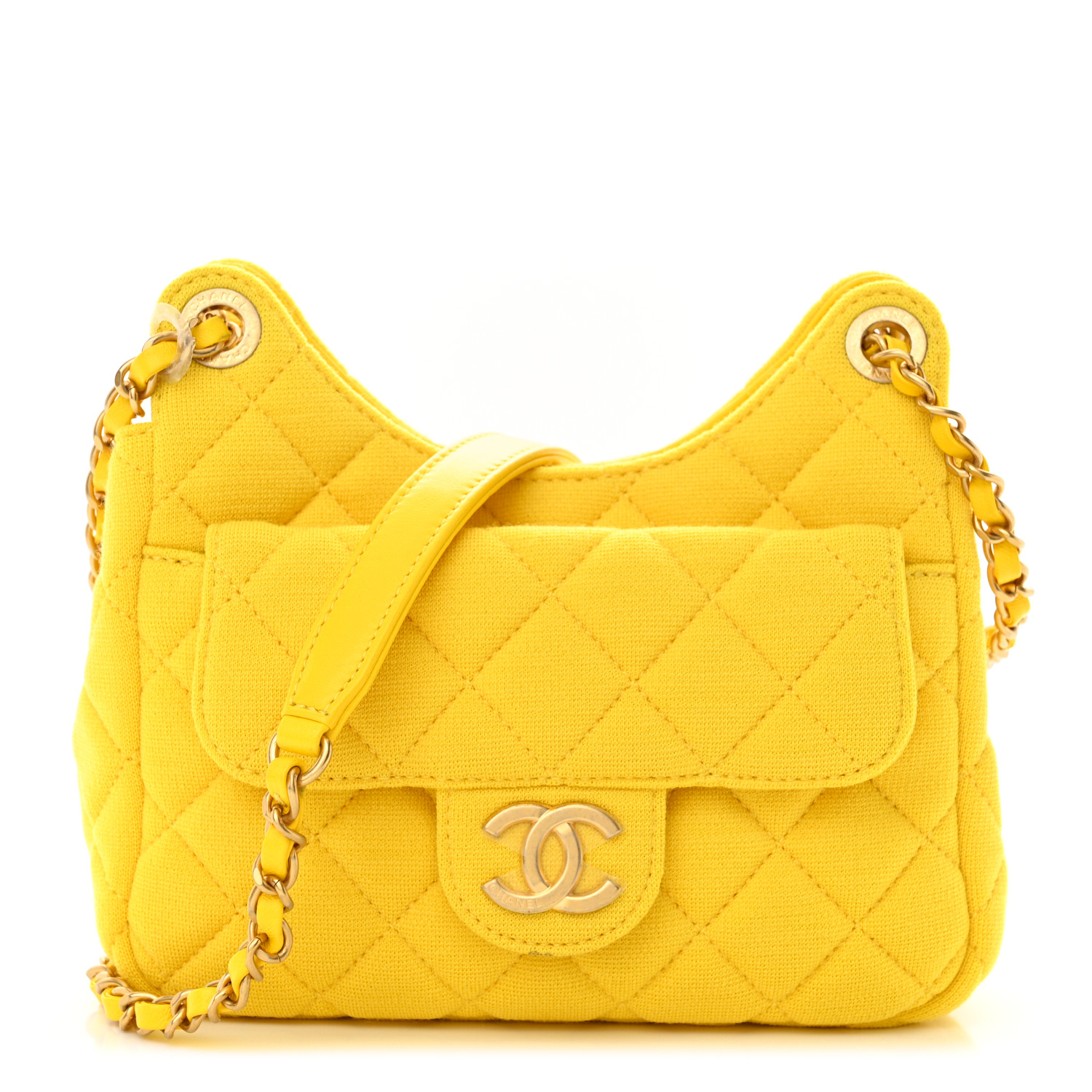 CHANEL Jersey Quilted Small Wavy CC Hobo Yellow