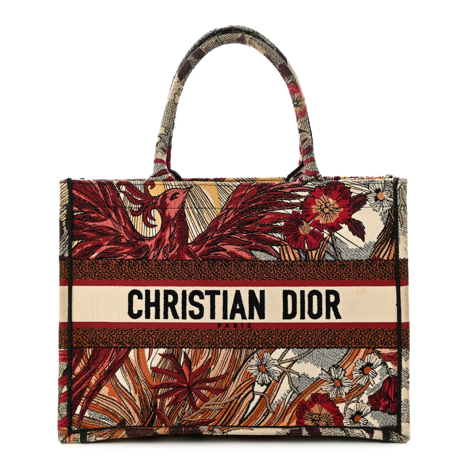 DIOR Canvas Embroidered Phoenix Medium Book Tote Red Multicolor