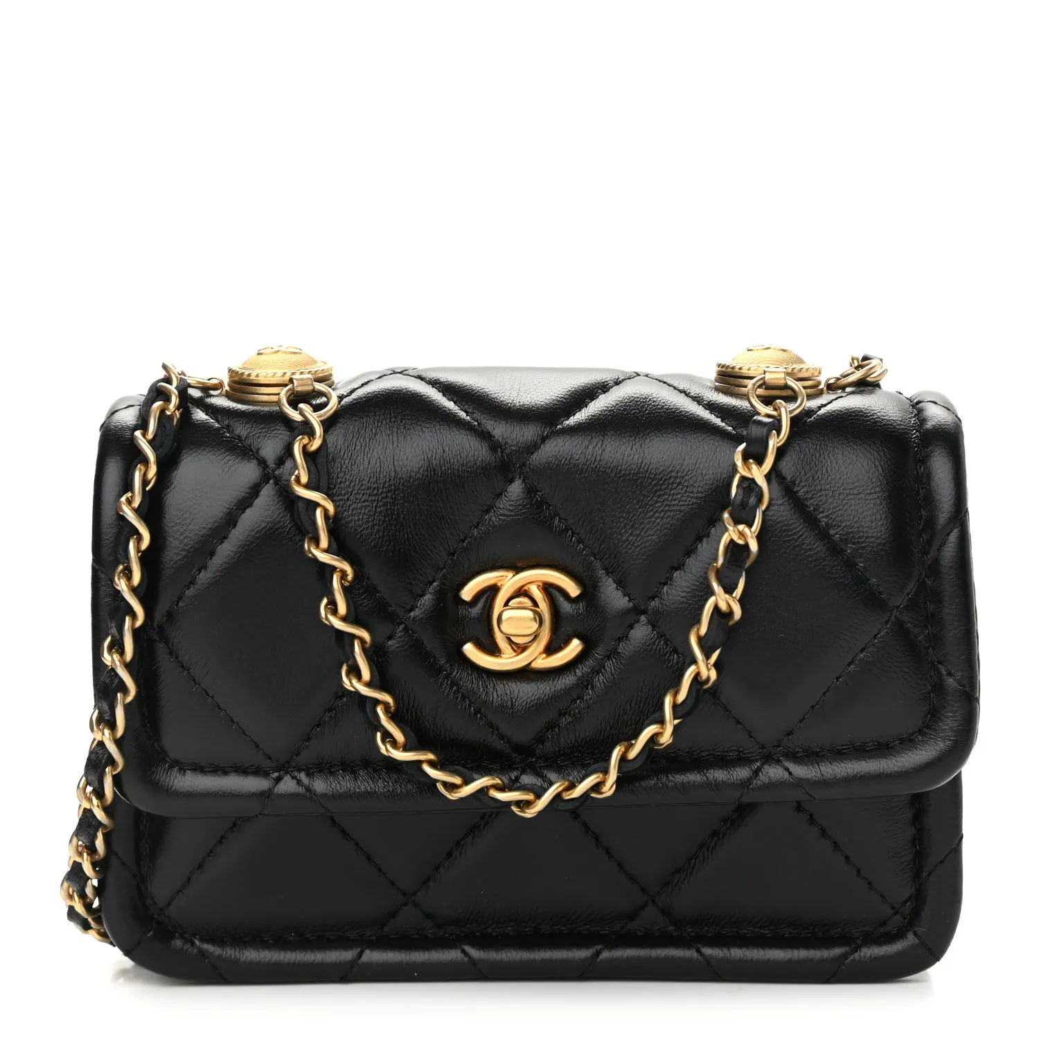 CHANEL Shiny Lambskin Quilted Extra Mini Flap Black