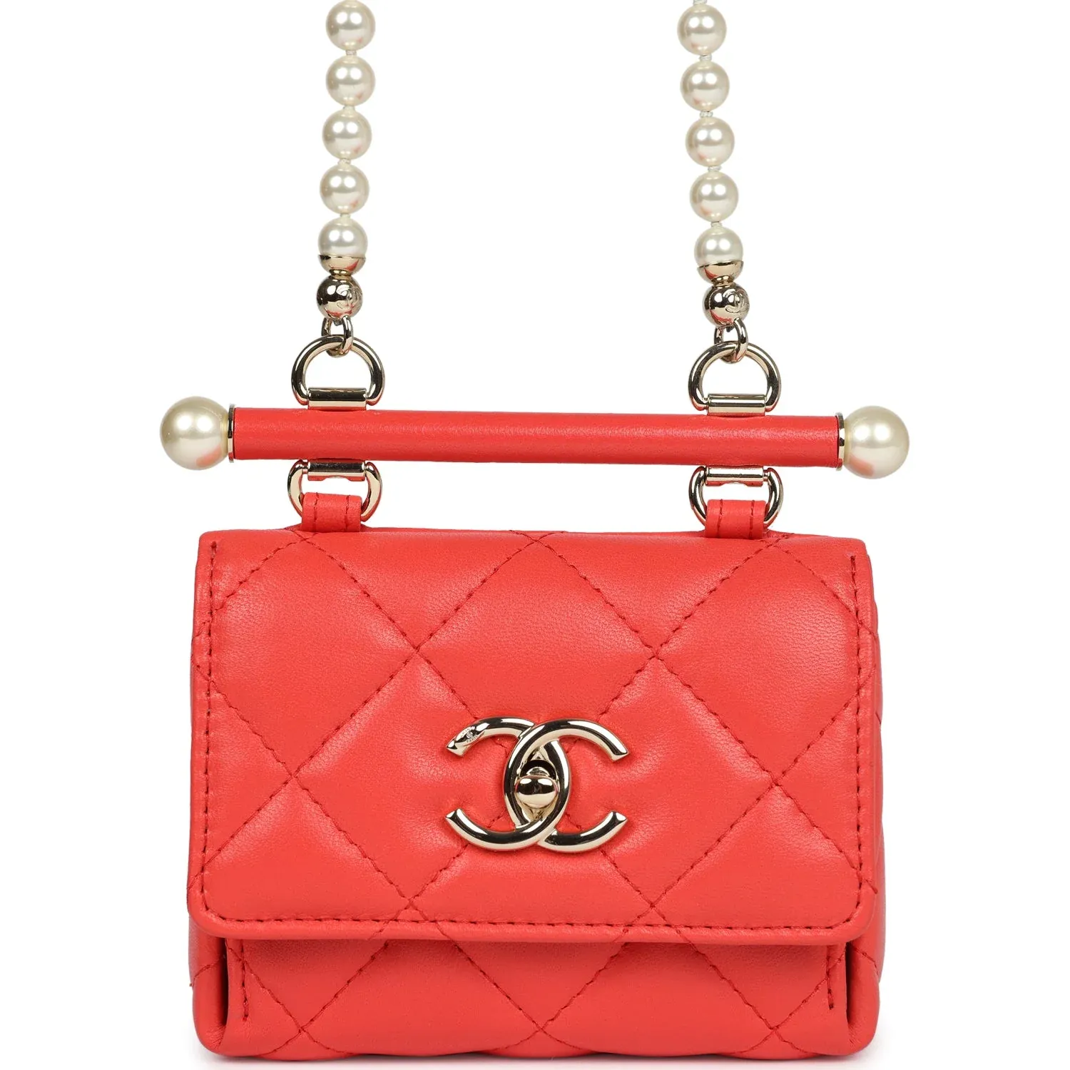 Chanel Mini Clutch with Pearl Chain Red Lambskin Light Gold Hardware